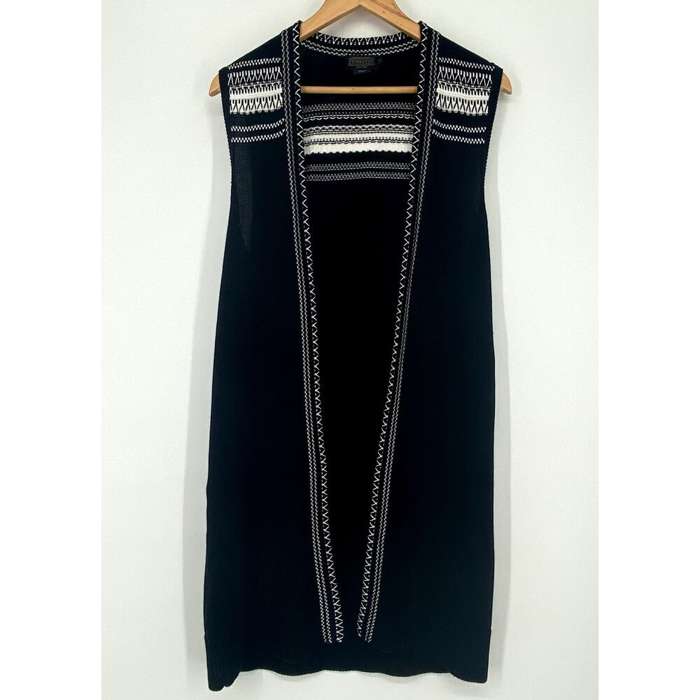 Pendleton Open Cardigan Long Sweater Vest Black w/White embroidery Womens Sz XS